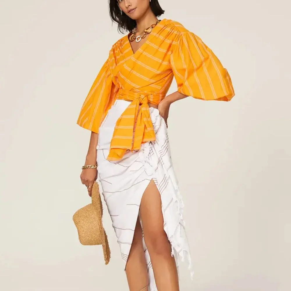 Acler Wyatt Crop Wrap Blouse Top 6 Orange White Pinstripe Balloon Puffy Sleeve S - Picture 1 of 9